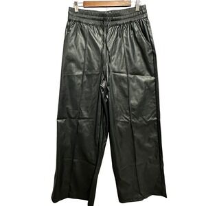 Who What Wear Faux Leather Wide Leg Pants M Black Drawstring Seam Front